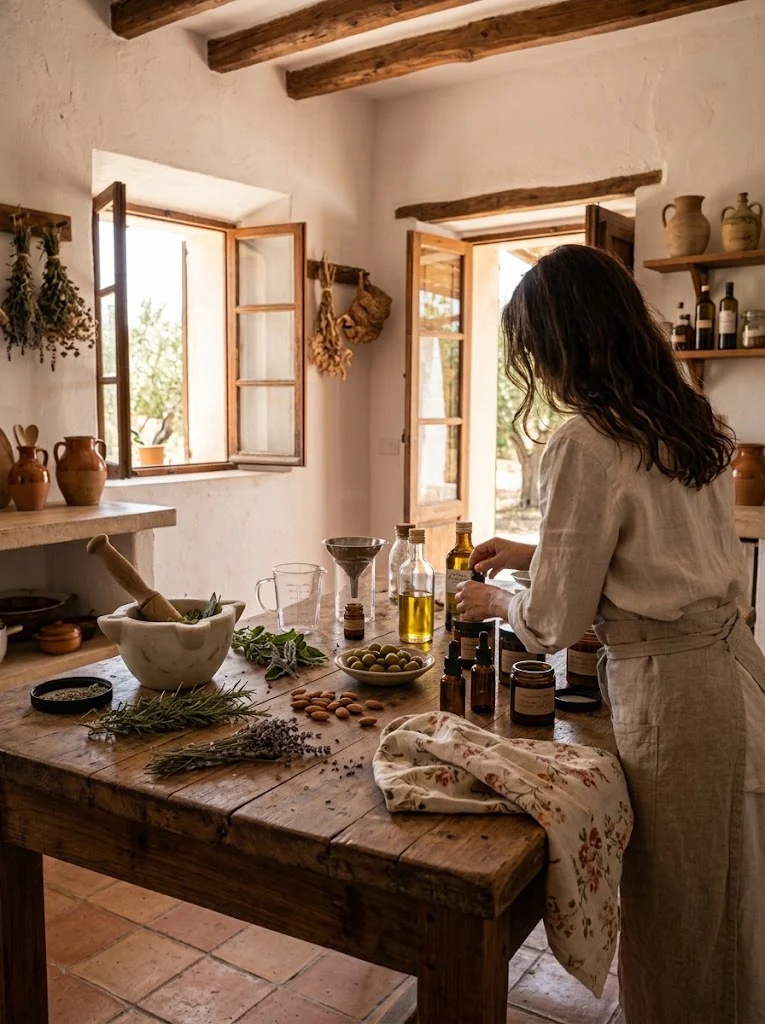 Odilia aan het werk in haar atelier op de finca